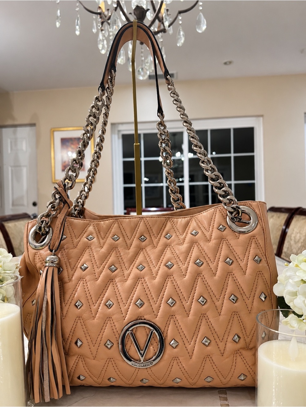 Valentino by Mario Valentino Soft Pink Studded Chevron Leather Tote Tassel